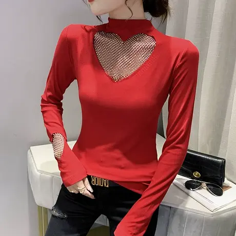 半高领加厚打底衫女秋冬洋气性感镂空上衣内搭设计感小众T恤长袖商品大图