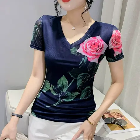 性感网纱短袖上衣女2023夏季新款复古气质印花t恤设计感修身小衫商品大图