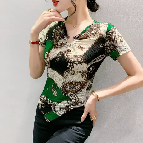 欧货设计感开叉T恤女短袖夏季时尚不规则修身上衣气质收腰小衫女图片