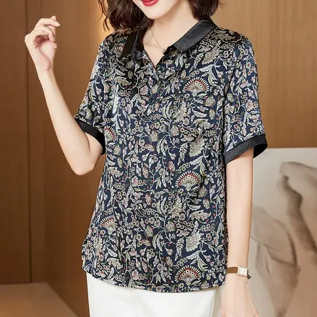 重磅真丝翻领t恤女夏季妈妈新款桑蚕丝女上衣2023短袖绸缎面大码商品大图