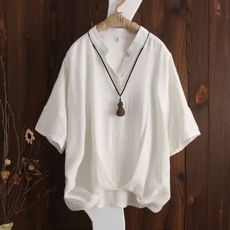 夏季新款女装文艺棉麻短袖t恤宽松大码插肩袖V领套头衫纯色上衣女商品大图