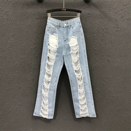 个性辣妹网红风破洞网格牛仔裤女潮2023夏新款百搭时尚高腰直筒裤图片