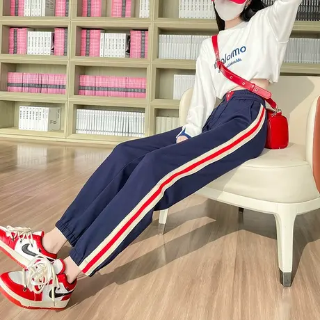 蓝色运动裤女束脚2023年春秋新款高腰宽松显瘦百搭九分拼色卫裤潮商品大图