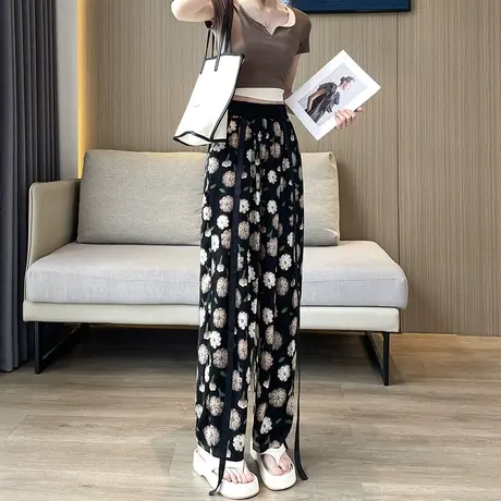 冰丝印花阔腿裤女夏季薄款高腰垂感窄版显瘦飘带小众休闲拖地长裤商品大图
