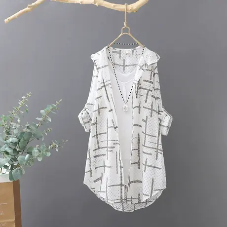 韩范中长款印花连帽衬衫女防晒衫夏季薄开衫宽松防晒衣户外衬衣女图片