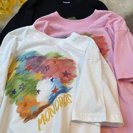 美式复古纯棉短袖t恤女2021宽松韩版ins设计感小众chic港味上衣服图片