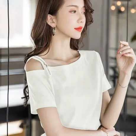 歌倍尚露肩短袖t恤女2023夏季新款一字领斜肩设计感锁骨性感上衣商品大图