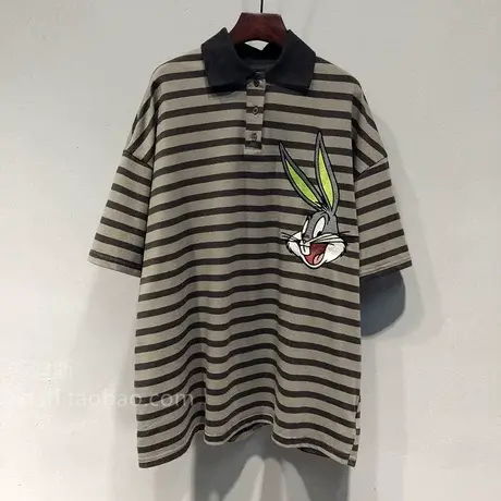 2023春夏欧洲站新款刺绣卡通兔子韩版宽松中长款横条纹POLO衫女潮商品大图