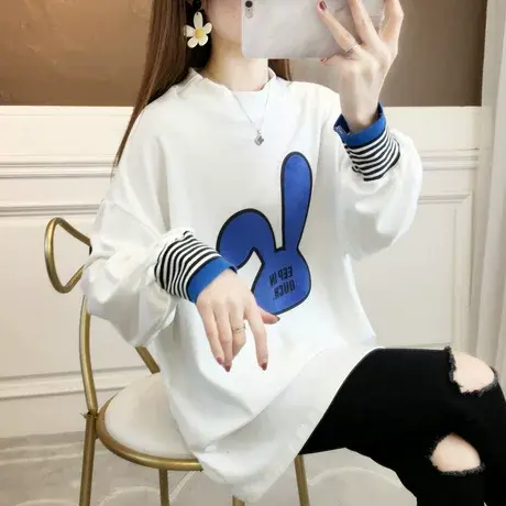 早春半高领长袖t恤女春秋韩版宽松大码女装加绒德绒打底衫上衣服商品大图