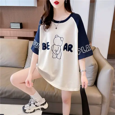 小众设计感短袖t恤女2023新款夏季韩版宽松大码撞色中长款上衣服图片