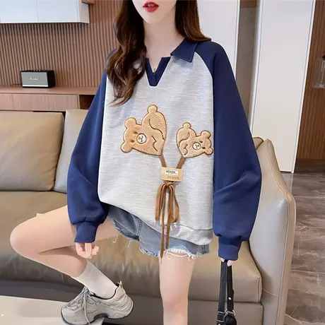 早秋娃娃领卫衣女春秋季韩版宽松大码薄款翻领撞色假两件上衣外套商品大图