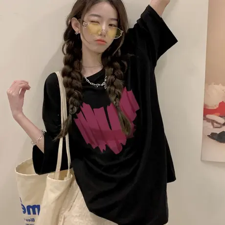 纯棉美式复古黑色短袖t恤女夏季新款ins潮牌宽松半袖休闲百搭上衣图片