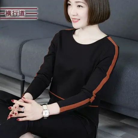 横行道大码圆领竹节棉拼接长袖T恤女装宽松打底衫2023新冬装上衣图片