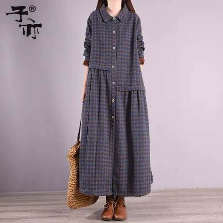 2022冬装新款印花单排扣加绒御寒长款打底外穿妈妈大码长袖衬衫裙图片