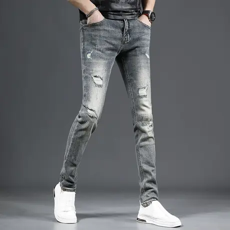 裤子男款牛仔裤2023新款破洞春夏季修身小脚高端复古蓝男裤子帅气商品大图