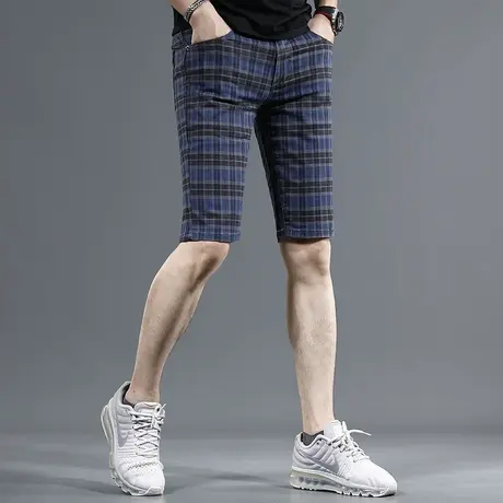 2023夏季新款五分休闲裤男蓝灰色格纹薄款男士5分裤潮牌修身短裤商品大图