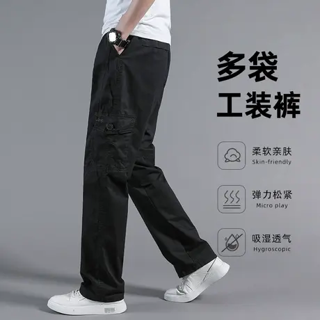 裤子男款多口袋工装裤男夏季薄款宽松纯棉直筒裤中年男士黑色长裤商品大图