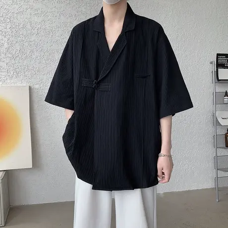 暗黑系山本耀司亚麻短袖衬衫男古巴领衬衣新中式唐装中国风男装潮商品大图