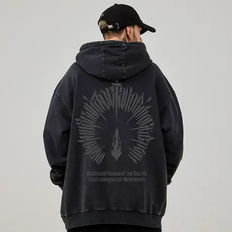 洗水做旧连帽卫衣男潮牌加肥加大码春秋冬季加绒美式嘻哈男生外套商品大图