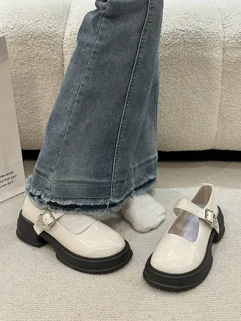 法式赫本风粗跟小皮鞋女2023春夏新款英伦厚底一字扣带玛丽珍单鞋商品大图