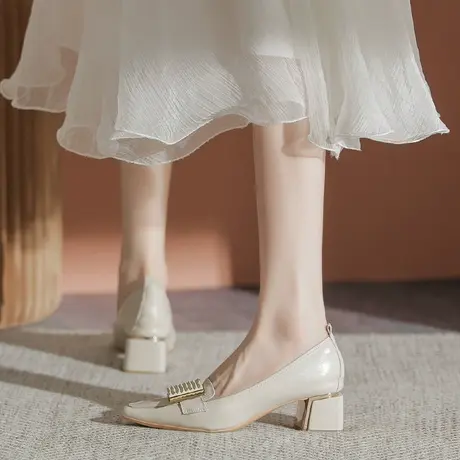 法式气质尖头高跟鞋女粗跟2023年春夏季新款软皮百搭浅口职业单鞋商品大图