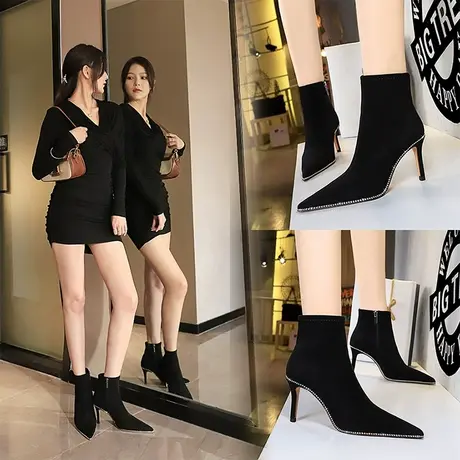 2023年秋冬新款性感水钻弹力短筒靴女细跟时尚显瘦百搭尖头马丁靴图片