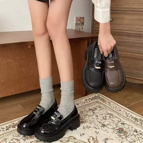 乐福鞋女2024年新款配裙子爆款春秋懒人一脚蹬上班通勤粗跟小皮鞋商品大图