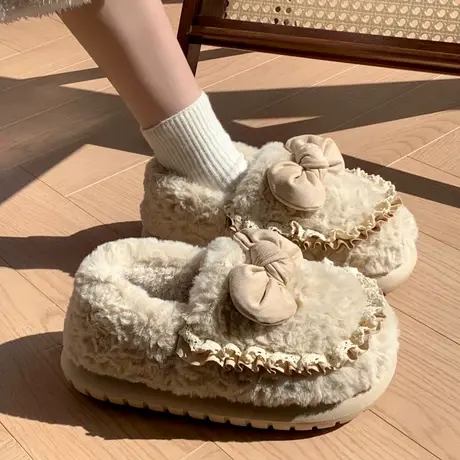 可爱蝴蝶结棉拖鞋女冬季外穿厚底毛绒保暖月子鞋室内居家包跟棉鞋图片