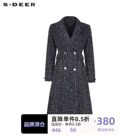 sdeer圣迪奥女装复古西装领格纹长款呢子大衣S224Z25C8商品大图