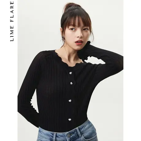 莱茵2022夏季新款设计感花边修身显瘦V领针织衫女时尚百搭打底衫商品大图