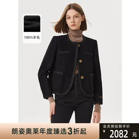 朗姿复古纯羊毛小香风短款修身黑色毛呢外套女气质年冬季新款图片