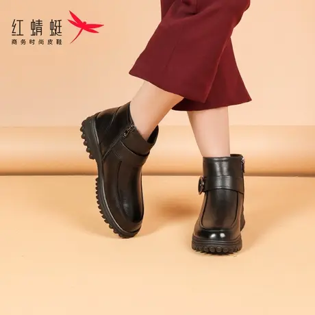 红蜻蜓女靴2023冬季黑色真皮短筒马丁靴女英伦风单靴加绒平底短靴图片