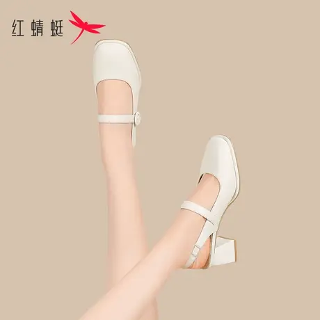 红蜻蜓一字带凉鞋女鞋2023夏季新款粗跟浅口包头凉鞋法式后空单鞋商品大图