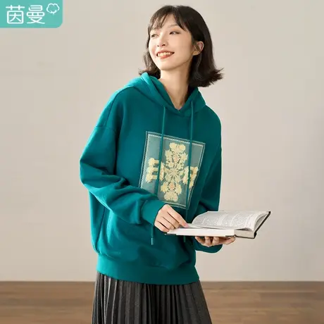【商场同款】茵曼冬装新款毛线贴片连帽落肩袖慵懒套头卫衣女图片