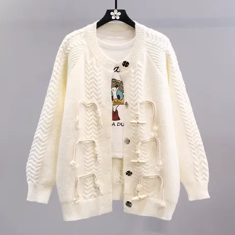 日系麻花牛角扣毛衣外套女秋冬2023新款宽松慵懒风减龄针织开衫图片