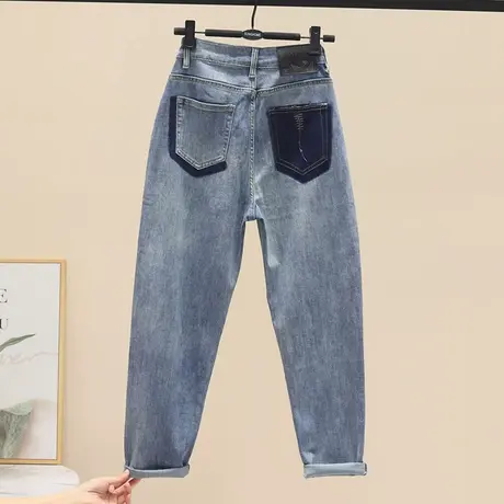 蓝色牛仔裤女2023春秋款大码刺绣小个子直筒高腰显瘦宽松阔腿裤子商品大图