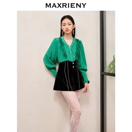 MAXRIENY复古宫廷风雪纺衫2023秋冬新款修身显瘦v领长袖上衣女商品大图
