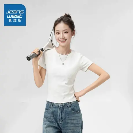 KMV真维斯白色正肩短袖女t恤夏2025新款少女感修身圆领甜辣小上衣商品大图