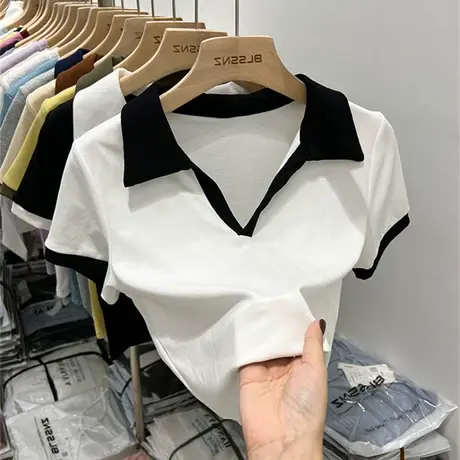 夏季2023新款轻熟风修身显瘦短款T恤女装白色打底衫短袖辣妹上衣商品大图