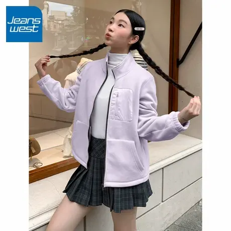 KV真维斯紫色外套女2025新款秋冬季加厚保暖设计感立领拉链上衣服图片