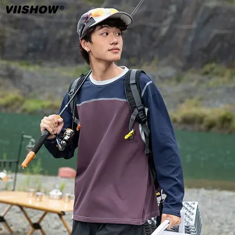 VIISHOW撞色拼接运动长袖T恤男款秋季新款美式圆领宽松百搭长袖衫商品大图