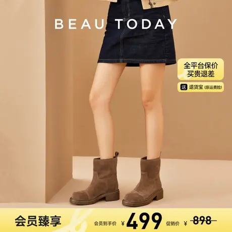 【清仓款】BeauToday复古短靴女款厚底粗跟西部靴真皮切尔西靴图片