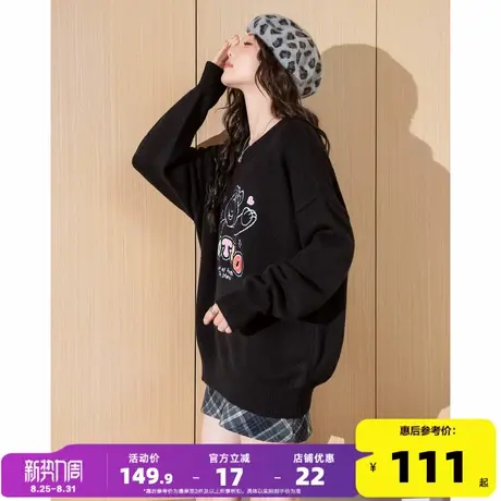 粉色毛衣女2024唐狮新款彩色文字卡通圆领慵懒风软糯毛衣甜美潮流商品大图