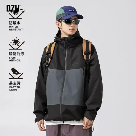 男士黑色机能冲锋衣外套男春秋季潮牌2023新款工装连帽夹克登山服商品大图