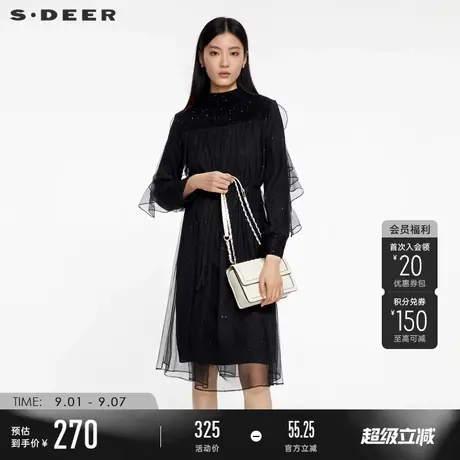 sdeer圣迪奥春秋装女装圆领荷叶边收腰网纱连衣裙S231Z1219图片