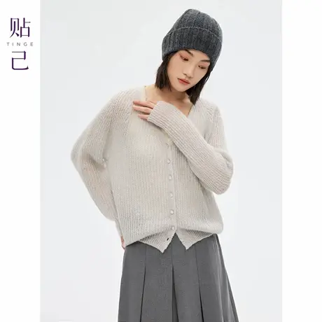 TINGE贴己马海毛空气感薄透开衫女秋冬马卡龙色系V领针织衫上衣商品大图