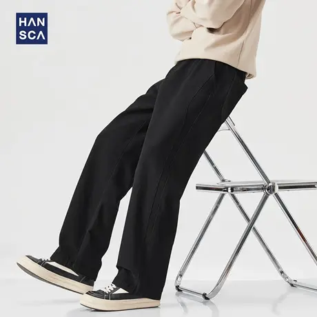hansca秋季400g直筒垂感休闲裤男日系潮牌宽松大码百搭拼接长裤子商品大图