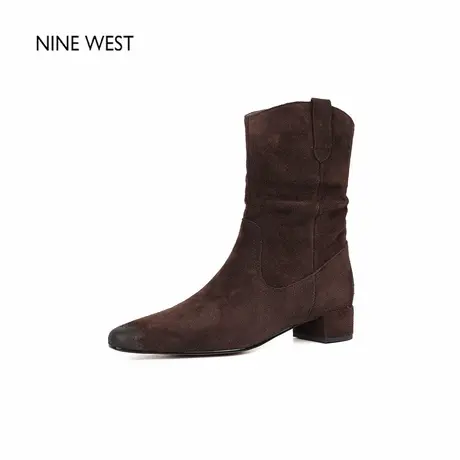 奥莱专供Nine West/玖熙复古尖头中筒靴西部靴冬高跟短靴女款靴子图片