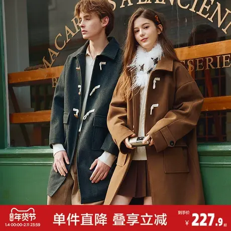 唐狮2026秋冬季中长款毛呢外套加厚情侣款翻领简约风仿牛角扣时尚商品大图