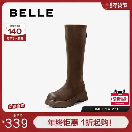 百丽复古厚底加绒弹力骑士靴女冬季新款显瘦高长筒靴子B2860DG5图片